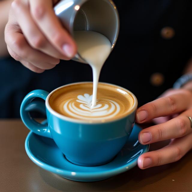 Barista experto vertiendo arte latte en una taza de cerámica azul brillante en Nova Brew