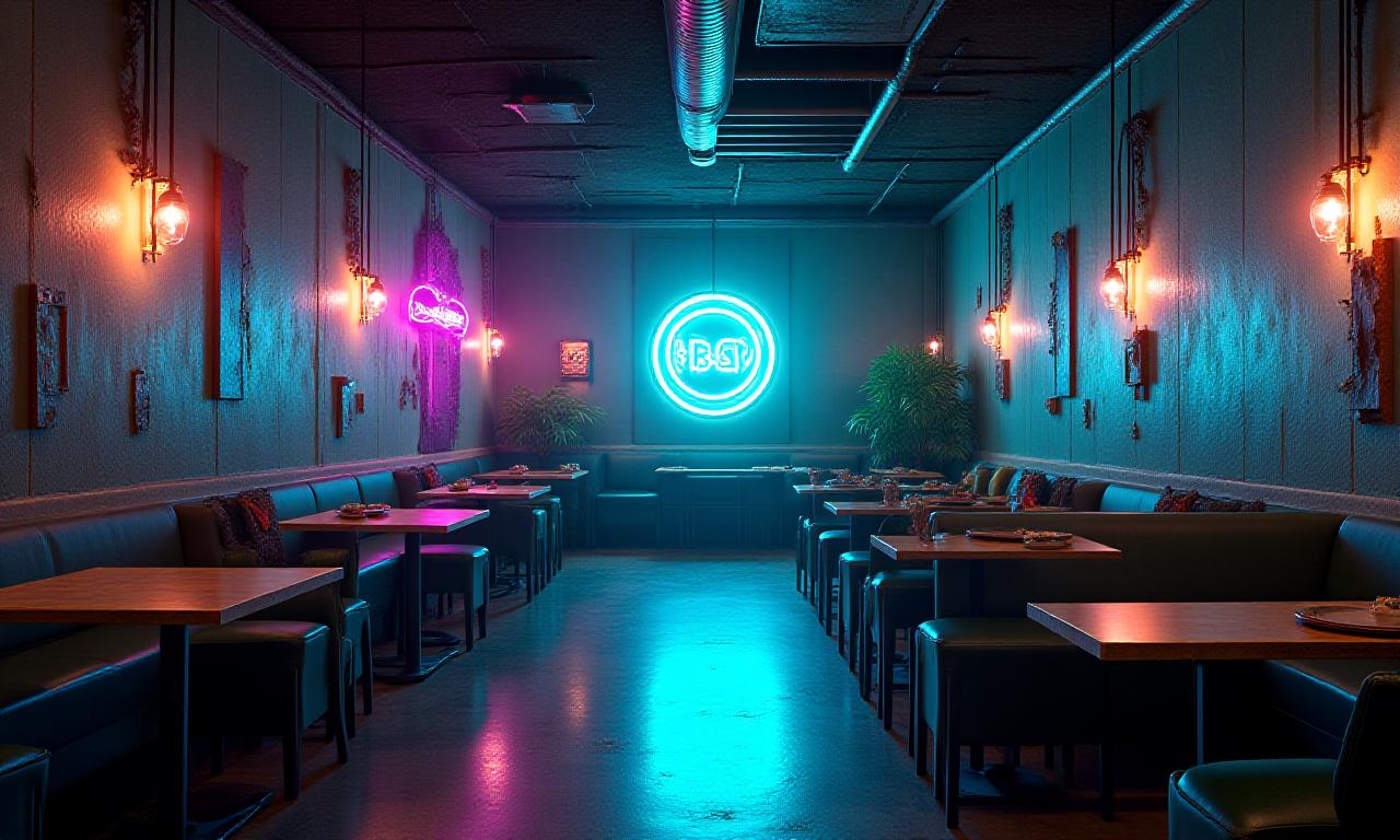 Interior de la cafetería Nova Brew con paredes oscuras, luces de neón y decoración temática espacial
