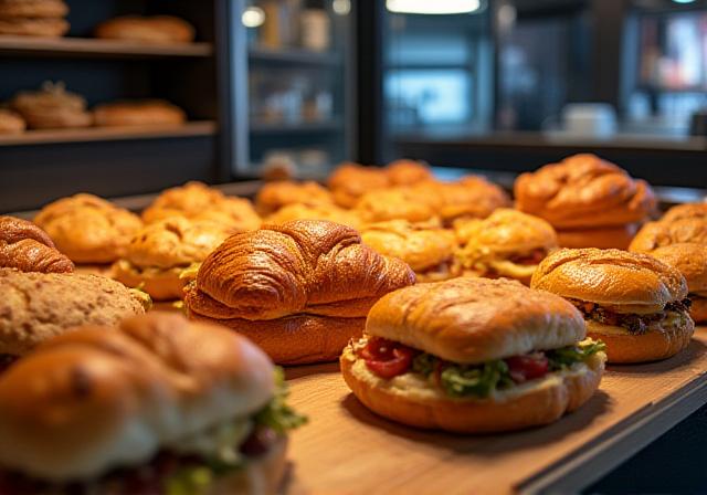 Expositores llenos de pasteles artisanales, croissants dorados y bocadillos gourmet en la cafetería espacial