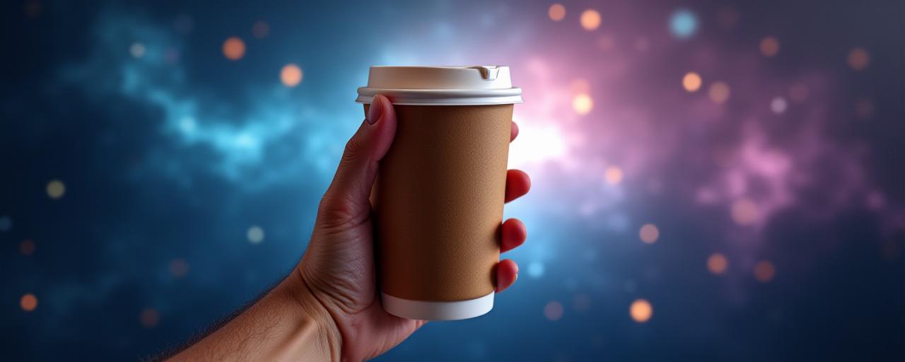 Mano sosteniendo una taza de café para llevar con un fondo abstracto de estrellas y galaxias